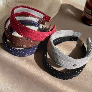 Polka dot knitted wide headband with heart pendant in assorted retro colors