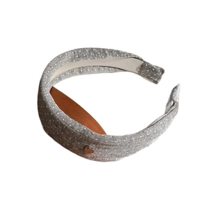 Chic grey polka dot knitted wide headband with heart pendant for high cranial top look