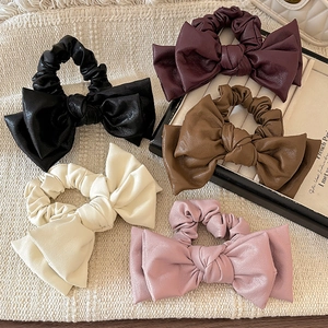 Korean Style PU Leather Bowknot Scrunchies For Women Sweet Large Bow Hair Ties Elegant Pleated Elastic Ponytail Holder Fashion Hair Accessories