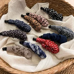 Retro Leopard Polka Dot Pleated Banana Hair Clip For Women Fabric Wrapped Ponytail Holder Elegant Vertical Hairpin Accessory