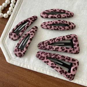 Set of 6 vintage pink leopard print BB hair clips in oval and triangle styles