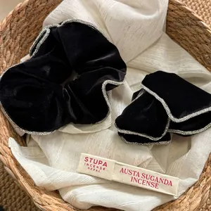 Elegant black velvet bow hair claw clip and scrunchie set with shimmering silver rhinestones