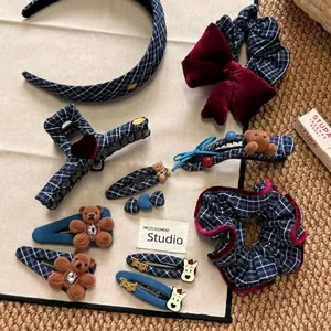 Academy Style Navy Blue Plaid Hair Accessory Set Cartoon Bear Dog Hair Clips Headband Scrunchie For Women Girls Headwear
