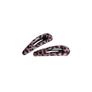 Pair of purple leopard print snap hair clips with textile fabric texture on metal base