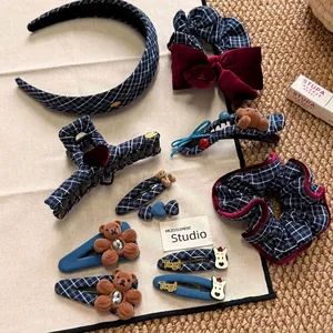 Navy blue plaid hair accessory set with cartoon bears and velvet bows for styling