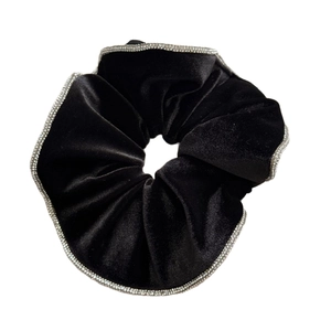 French vintage black velvet scrunchie with sparkling silver beaded trim for women