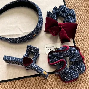 Navy blue plaid hair accessory set with velvet bow, headband, and heart claw clip