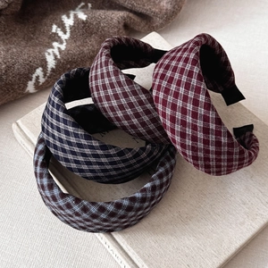 Vintage Plaid Padded Headband For Women College Style Cotton Blend Checkered Hair Band High Top Non-Slip Hair Accessory