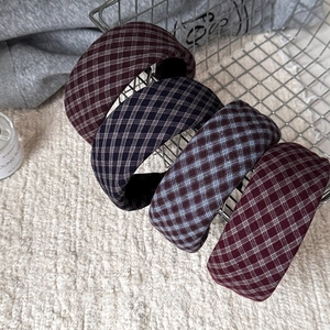Plaid sponge headband for women in burgundy and grey, stylish high skull top hair accessory