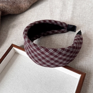 British style plaid wide headband in reddish brown with thick retro college design