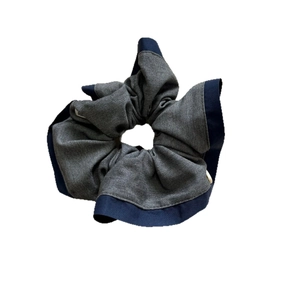 Minimalist grey and blue contrast scrunchie in vintage fabric for elegant ponytails