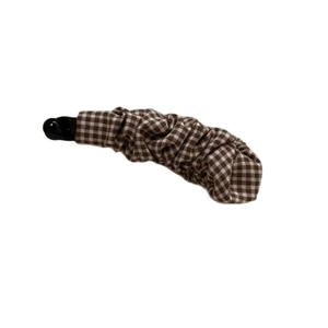 Vintage checkered fabric banana hair clip with elegant ruffles for high ponytail hairstyle