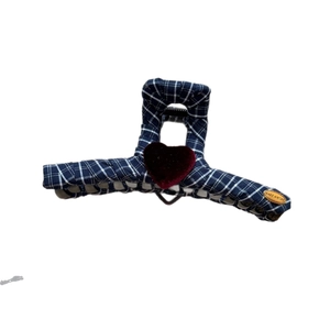 Navy blue plaid hair clip featuring a red velvet heart and a golden Make a Wish charm