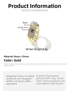 Detail view of 14K gold cuban chain ring with micro-pave cubic zirconia and S initial