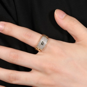 14K gold cuban link ring with rectangular micro-paved zircon and black S letter detail