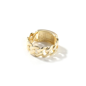 Golden Cuban chain ring with rectangular pave zircon inlay and luxurious 14K gold finish
