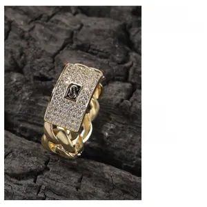 Detail of 14K gold plated Cuban chain ring with square micro-pave zircon S initial
