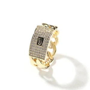 Hip Hop Curb Chain Ring With Rectangular Pave Zircon Letter S Gold Plated Brass Band Ring For Men Women Fashion Jewelry