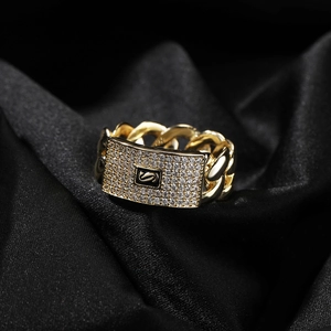 14K gold plated Cuban chain ring with luxury pave zircon rectangular black enamel S logo
