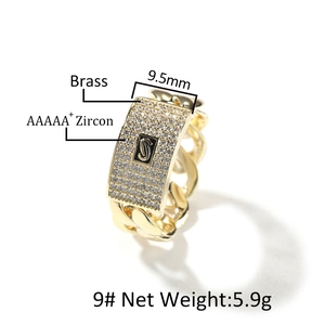 14K gold plated brass Cuban chain ring with AAAAA+ zircon and black enamel S detail