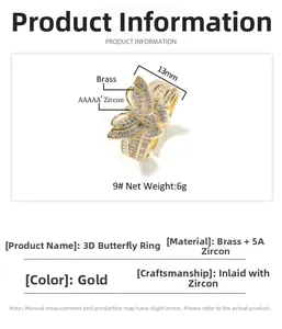 Detailed view of gold butterfly ring featuring 5A cubic zirconia and 13mm wing size