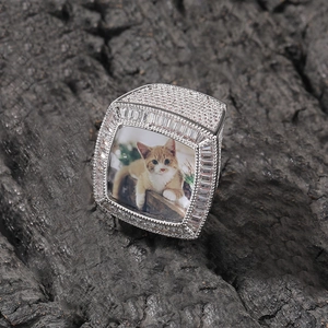 Anello hip hop personalizzato in argento con pavé di zirconi e foto di gatto individuale