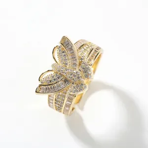 Elegant Butterfly Ring For Women Gold Plated Brass Zircon Inlaid Adjustable Opening Ring Trendy Hip Hop Jewelry Gift