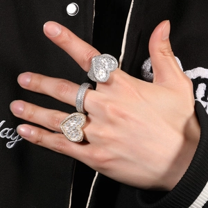 Macro shot of iced-out hip hop rings with baguette cut zircons on a model hand