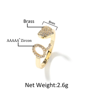 Anello regolabile in ottone dorato con forma a cuore e zircone AAAAA, peso 2,6g