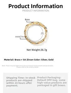Bracelet chaîne en laiton 5mm avec zircon 5A, longueur 18cm et poids 26,7g spécifications