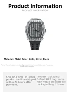 Detail view of iced-out square hip-hop watch with zircon studded case and silicone strap