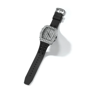 Hip hop square dial watch with silver iced out crystals and black silicone strap for men