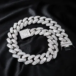 Collier Chaîne à Maillons Cubains Hip Hop en Cuivre Incrusté de Zirconia Coupe Baguette Bijoux Étincelants pour Hommes Femmes