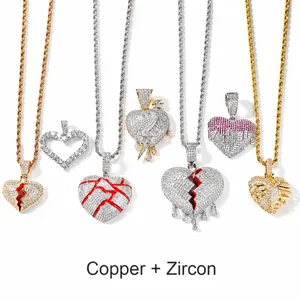 Detail of copper zircon hip hop heart pendants with iced-out and enamel craftsmanship