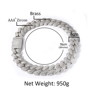 Chaîne cubaine argentée lourde avec zircon AAA+ et boucle en laiton, longueur de 76 cm