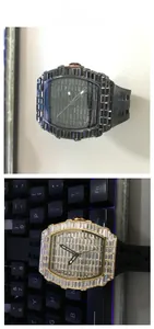 Detail of hip hop watches with full baguette diamond bezel and black silicone straps