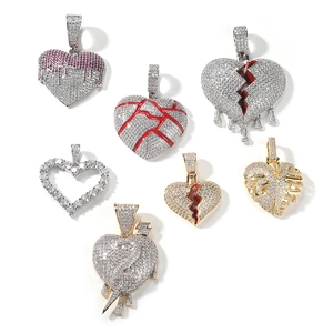 Hip-hop heart pendant necklaces with cubic zirconia and enamel details on white background
