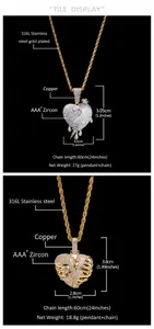 Detailed size specifications for hip hop heart pendants with AAA+ cubic zirconia stones