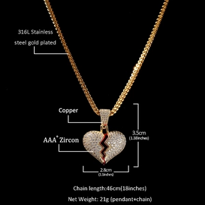 Detail of hip hop heart pendant necklace showing dimensions and zircon copper plating