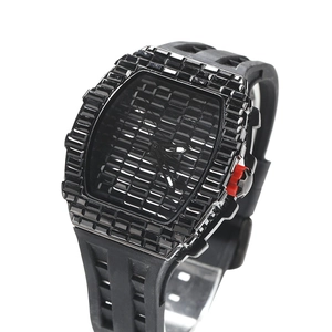 Hip hop men's watch with square crystal dial, black silicone strap, and red side detail