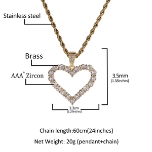 Detail showing dimensions and materials of gold heart pendant with AAA+ zircon stones