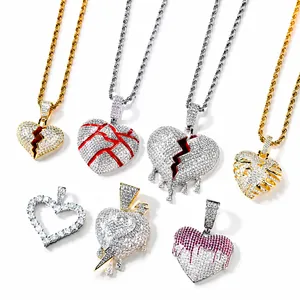 Hip Hop Heart Pendant Necklace Copper Zirconia Iced Out Broken Heart Skeletal Melting Design Street Jewelry For Women Men
