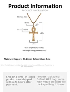 Detailed spec view of gold Ankh cross pendant with 5A cubic zirconia and stainless chain
