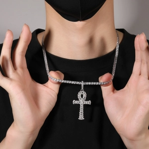 Silver Ankh cross pendant on a tennis chain with sparkling zircon stones for men