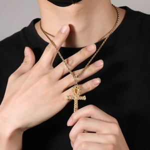 Men's hip hop gold Ankh cross pendant necklace with white zircons and rope chain