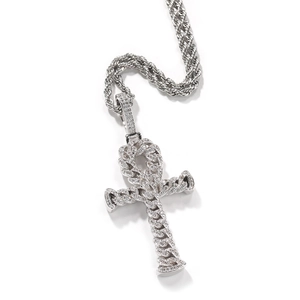 Iced out silver Ankh cross pendant with cubic zirconia and rope chain for men