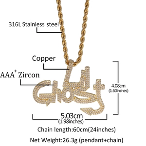 Detail van Lil Ghost hiphop hanger met zirkonia en 316L roestvrijstalen ketting in goud