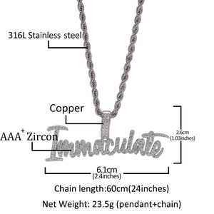 Gedetailleerde maattabel voor de Immaculate hiphop hanger met ingelegde zirkonia's