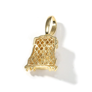 Detail of hip hop pendant featuring intricate hollow grid back and gold plating