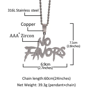 Afmetingen van de NO FAVORS hiphop-hanger van AAA+ zirkoon en 316L roestvrij staal